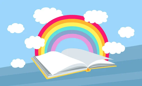 Libro aperto con libreria di nuvole arcobaleno vettore piatto — Vettoriale Stock