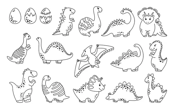 Dinosaurio negro serie de dibujos animados lineales vector de línea plana — Archivo Imágenes Vectoriales