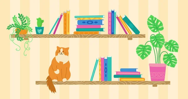 ( 영어 ) Shelf cartoon book cat plants library vector — 스톡 벡터