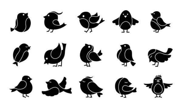 Söt fågel tecknad uppsättning svart glyf söt liten platt — Stock vektor