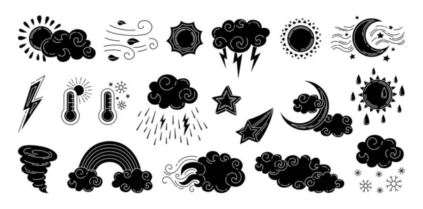 Météo glyphe noir ensemble signe dessiné à la main doodle — Image vectorielle