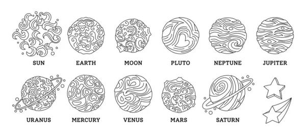 Planetenlinie des Sonnensystems setzt Doodle-Raumvektor — Stockvektor