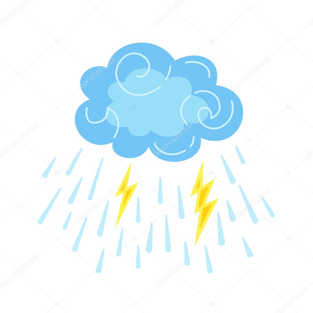 Cloud with rain, lightning cartoon style vector