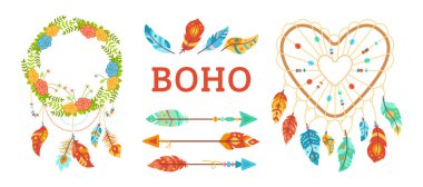 Boho tasarım ögeleri Dreamcatcher okunu ayarladı