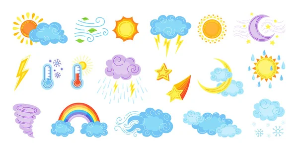 Météo cartoon set mignon main dessinée soleil arc-en-ciel — Image vectorielle