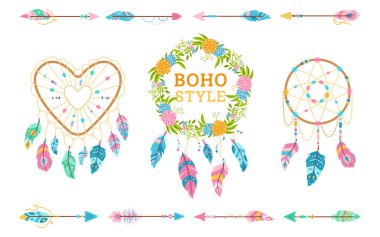 Boho tarzı tasarım ögesi düğün dekoru vektörünü ayarla