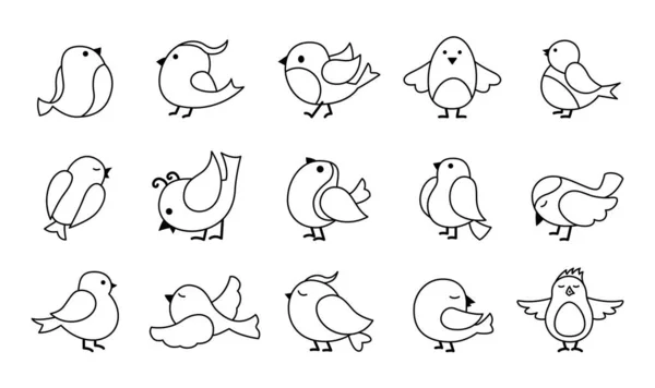 かわいい鳥の漫画セット黒ラインかわいい小さなフラット — ストックベクタ