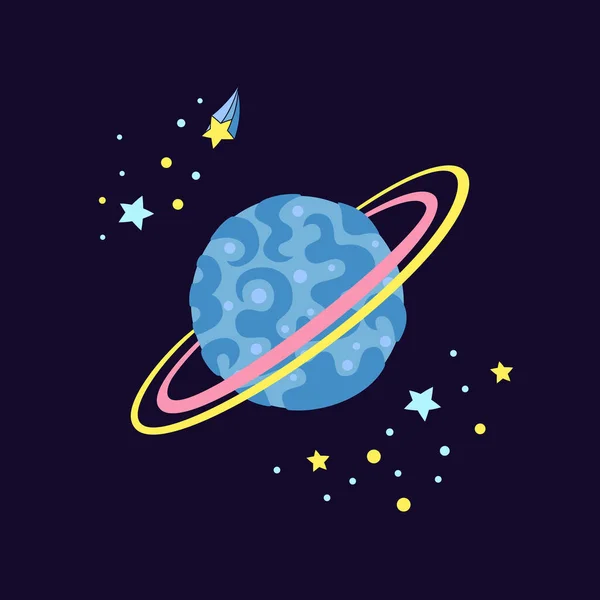 Planète avec étoiles dessin animé illustration carte vecteur — Image vectorielle