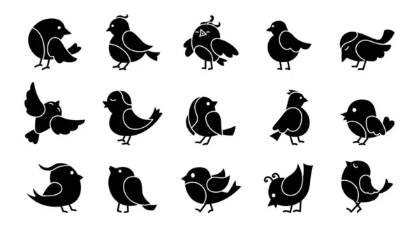 Fågel olika svart siluett tecknad uppsättning vektor — Stock vektor