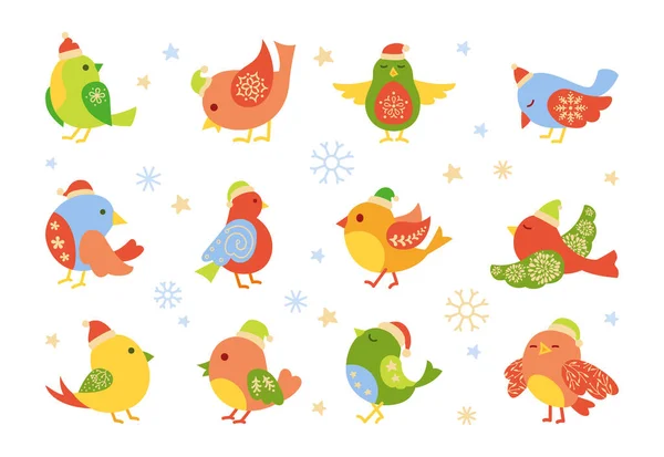 Christmas bird cartoon new year set cute vector — Stock Vector