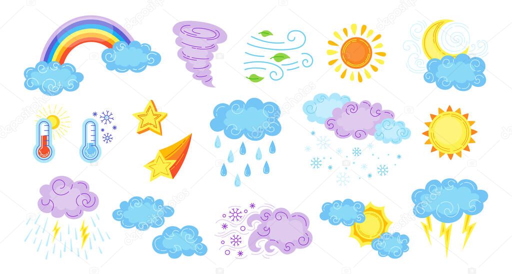 Weather cartoon set cute hand drawn sun cloud