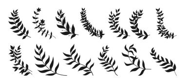 Yaprakların olduğu farklı dallar. Laurel çelenk ödülü amblem koleksiyonu. Laurels çelenkleri, girdaplar, dallar ve çiçek süsleri zeytin dalları. Vektör tasarım ögeleri