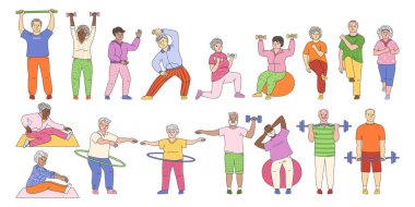 Yaşlılar spor sahasında oynuyor. Yaşlı karakterler, yaşlı erkekler, kadınlar, senyor hobileri. Yetişkin yaşlılar koşuyor, spor salonu egzersizleri, jimnastik kardiyo yoga sınıfında, esneme, koşu vektörü.