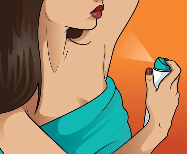 Donna Utilizzando Deodorante Spray Vettoriale Illustrazione — Vettoriale Stock