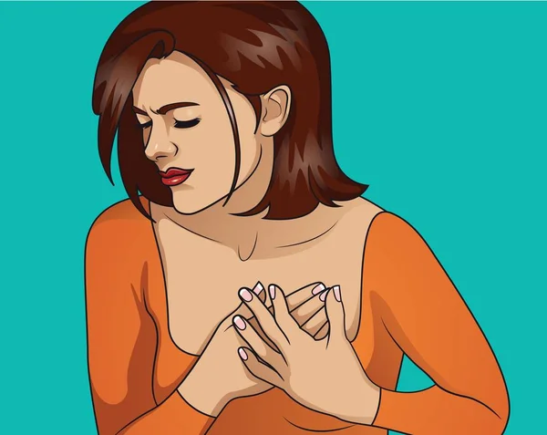 Bir Kadın Onun Göğsüne Elini Tutar Akciğerler Kalp Göğüs Ağrısı — Stok Vektör
