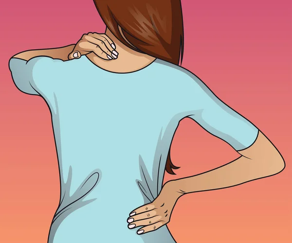 Mujer Joven Cogida Mano Cuello Dolor Espalda — Vector de stock