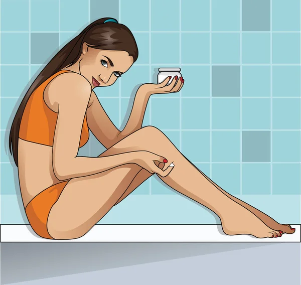 浴室でボディ クリームを適用する若い女性 — ストックベクタ