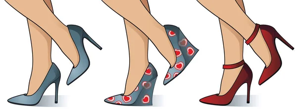 Piernas Femeninas Diferentes Tipos Zapatos — Vector de stock