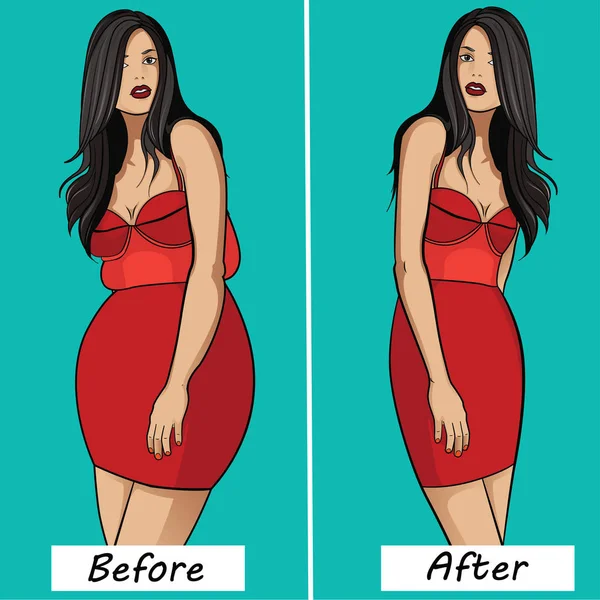 Cuerpo Mujer Antes Después Pérdida Peso — Vector de stock