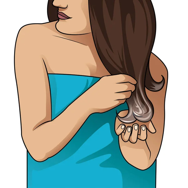 Mujer Joven Feliz Aplicando Acondicionador Cabello — Vector de stock