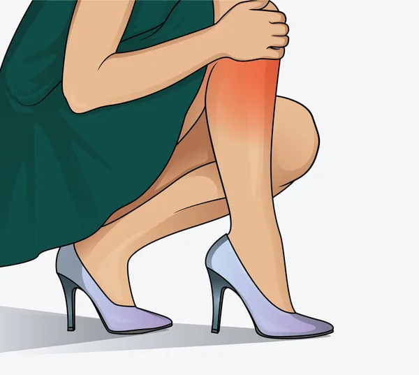 Young Woman Suffering Legs Pain Because Uncomfortable Shoes High Heels — Stock Vector