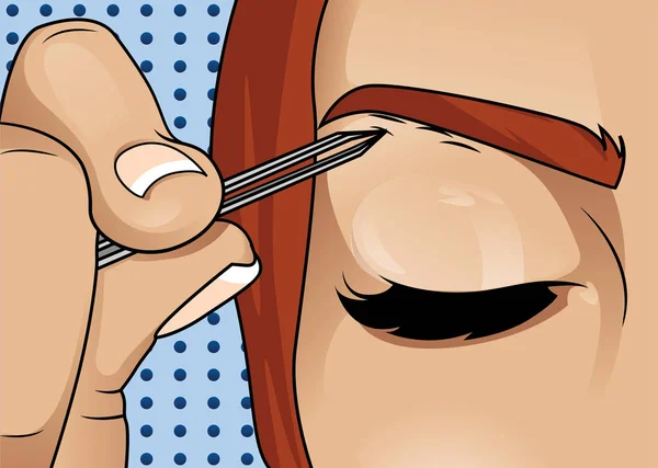 Girl Plucking Brows Hair Metal Forceps Eyebrows — Stock Vector