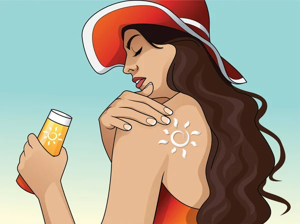 Женщина Сидела Пляже Нанося Крем Солнца — стоковый вектор