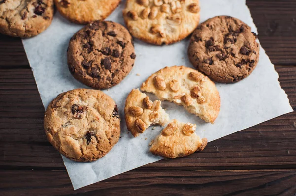 Stacked Chocolate Chip Cookies Wooden Table Rustic Country Style — Stock Photo, Image