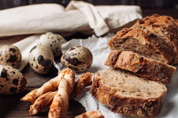 Pieces Bread Quail Eggs Table Top View — Stock Photo, Image