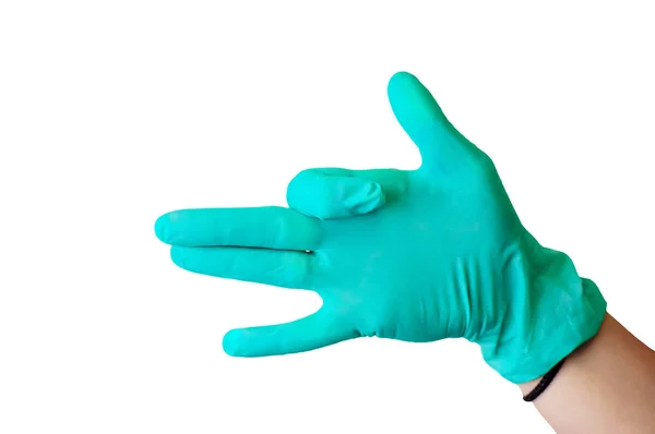 Female hand in blue latex glove makes a gesture resembling a dog with open mouth isolate. Medical health concept. — Stock Photo, Image