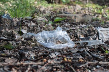 Ormanda plastik torba ve çöp. Çevre kirliliği. Çevre sorunu ve felaket. Yeşil Git, Sıfır Atık, Planet Kaydet, Dünya Günü, Hayır Plastik, Geri Dönüşüm Kavramı