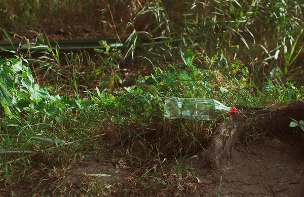 Πλαστικό μπουκάλι στο δάσος κοντά στη λιμνούλα. Ρύπανση του περιβάλλοντος. Περιβαλλοντικό θέμα και καταστροφή. Πράσινο, μηδέν απορρίμματα, σώστε τον πλανήτη, ημέρα της γης, χωρίς πλαστική, ιδέα ανακύκλωσης — Φωτογραφία Αρχείου