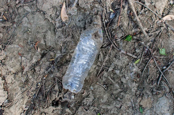 Garrafa de plástico na floresta perto da lagoa. Poluição ambiental. Questão ambiental e desastre. Ir Verde, Desperdício Zero, Salvar o Planeta, Dia da Terra, Sem Plástico, Conceito de Reciclagem — Fotografia de Stock