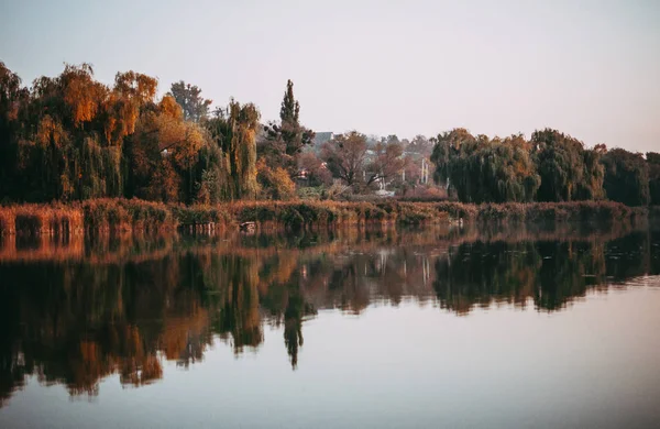 hasat sezonunda Eylül ayında nehrin arka planına karşı gün batımı. Ağaçlardan gelen suda yansıma. Güzel sonbahar manzarası. Sonbahar renkleri sakin sulara yansır.