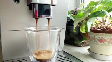 Profesyonel bir makineden bir fincana kahve dökülüyor. Kahve makinesinden sabah içkisi hazırlıyorum. Kahvaltıda kavrulmuş sade kahve içmek..