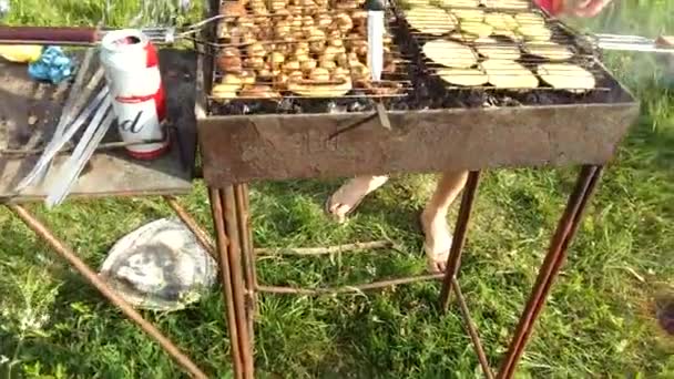 Vinnitsa, Ukraina-mayo 28.2019: Verduras a la parrilla. Champiñones, calabacín, berenjena. El cocinero comprueba la preparación de todas las verduras con un cuchillo. Cocinar sano en la naturaleza. — Vídeos de Stock