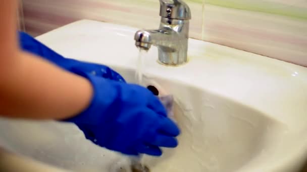 Mãos femininas em luvas de látex azul arrancar a esponja detergente. Há muita espuma do limpador de pia ao redor. — Vídeo de Stock