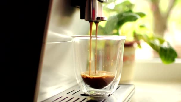 透明なガラスにマシンからコーヒーを注ぐ映像。自家製ホットアメリカーノミルク付き。淹れたてのコーヒーが流れる。焙煎豆を使ったモーニングコーヒーのコンセプト. — ストック動画