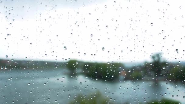 Gotas de lluvia corren por el cristal de la ventana. Cortinas de otoño con fuertes lluvias. Clima frío gris fuera de la ventana. — Vídeos de Stock