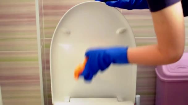 Girl in blue gloves washes the bathroom, cleaning the toilet. Housekeeper as a cleaning lady at the toilet. Brush up Toilet for cleanliness and hygiene. cleaning the toilet. Cleaning service concept — Stock Video