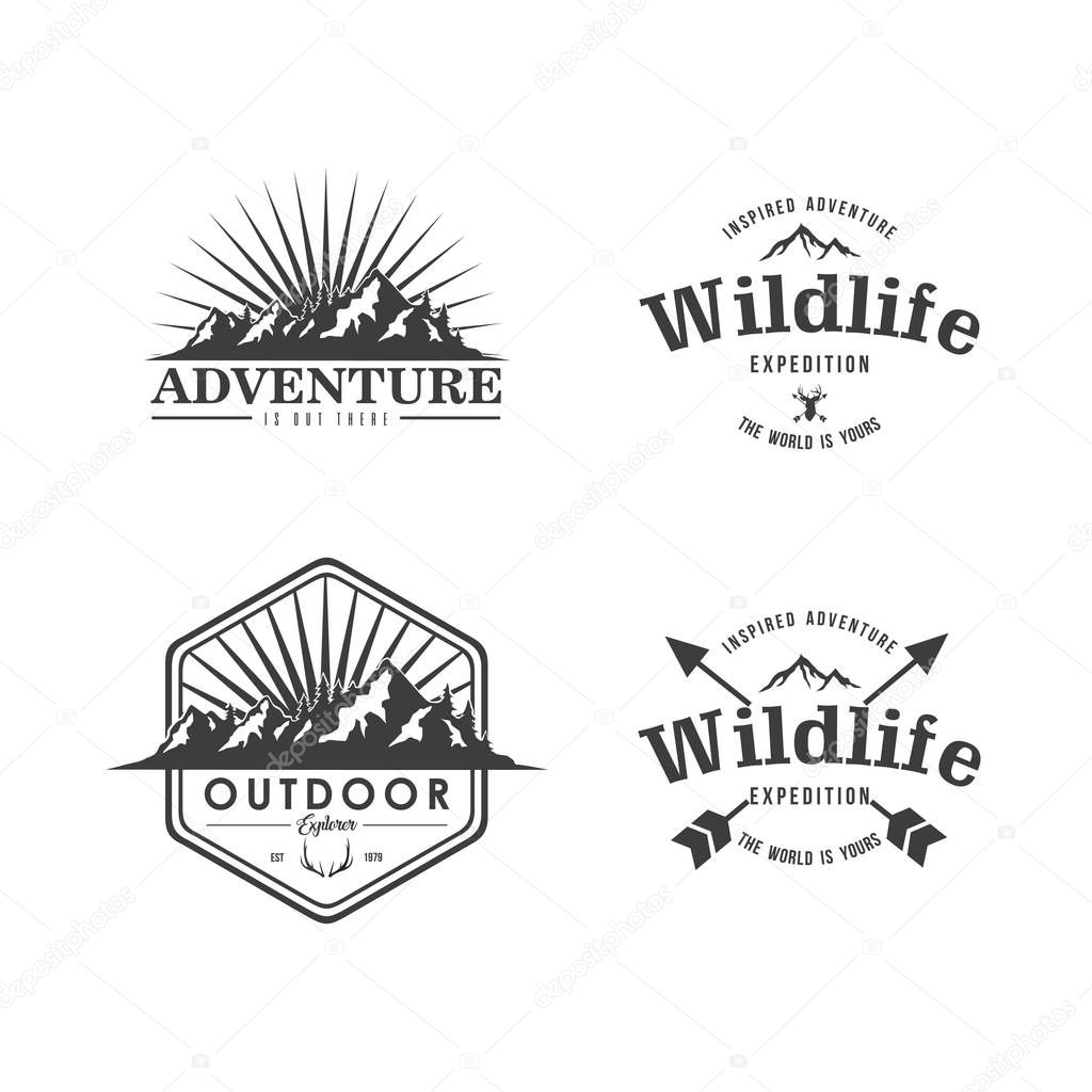 Black and White Mountain Explorer Adventure Badge Vector Template Design Set