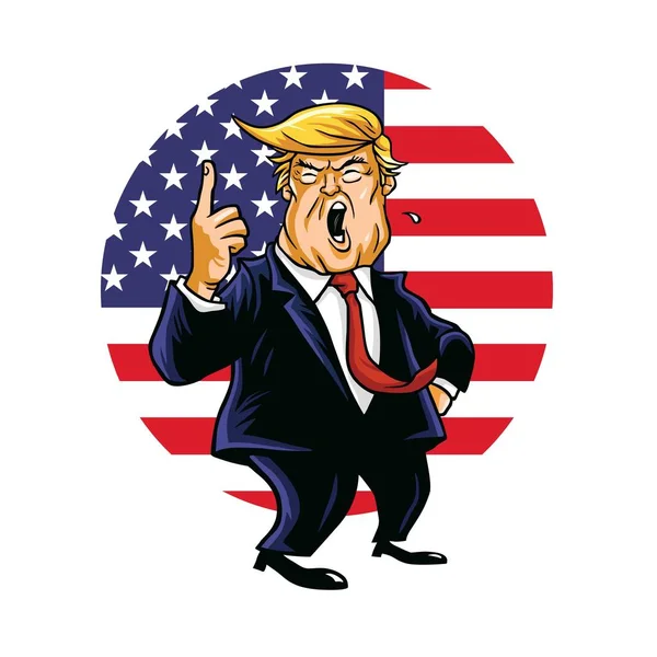 Donald Trump gritando ¡Estás despedido! Caricatura de dibujo de dibujos animados vectoriales con fondo de bandera americana de círculo. Washington, 9 de septiembre de 2019 — Vector de stock