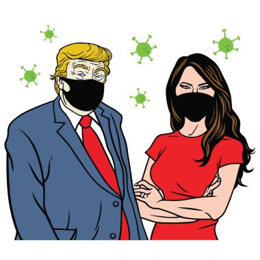 Donald Trump ve Melania Trump Maske Giyen Anti Corona Virüsü Corus Coronavirus Covid-19 Kampanya Çizgi Film Editörü İllüzyonu. Washington, 14 Ekim 2020