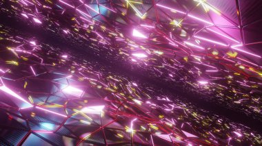 Bilim kurgu ve teknoloji yenilik sahnesinde reklam ve duvar kağıdı için 3 boyutlu illüstrasyon. Dekoratif konseptte 3B canlandırma.