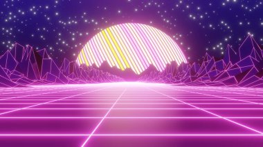 Reklam ve 80 'lerin retro ve bilim kurgu pop sanat sahneleri için 3 boyutlu illüstrasyon arka planı. Dekoratif konseptte 3B canlandırma.