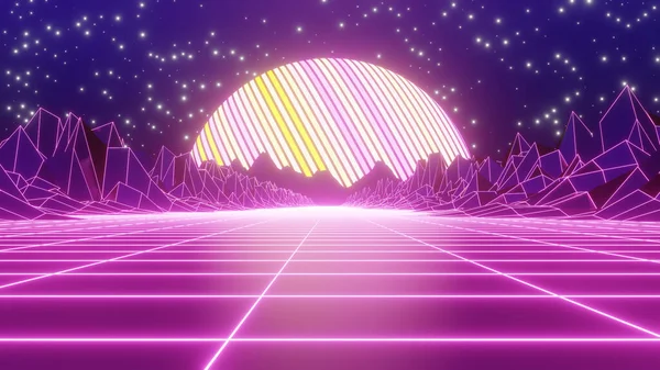 Reklam ve 80 'lerin retro ve bilim kurgu pop sanat sahneleri için 3 boyutlu illüstrasyon arka planı. Dekoratif konseptte 3B canlandırma.
