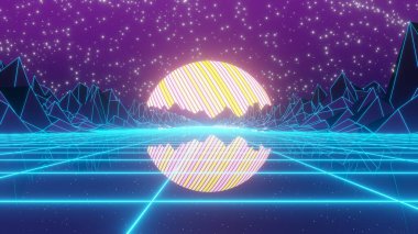 Reklam ve 80 'lerin retro ve bilim kurgu pop sanat sahneleri için 3 boyutlu illüstrasyon arka planı. Dekoratif konseptte 3B canlandırma.