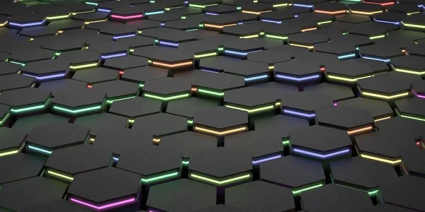 Elektryczny futurystyczny sześciokąt powierzchniowy z kolorowymi promieniami ilustracja renderowania 3D — Zdjęcie stockowe