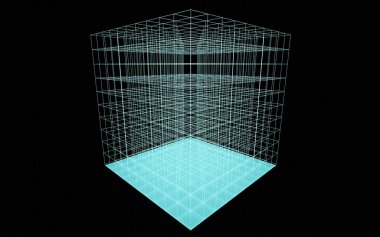 3d soyut soyut gelecek turkuaz küp tel çerçeve koyu uzay çizimi