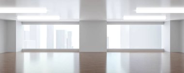 Büyük, beyaz, parlak bir çatı katı mimarisi. Parlak ahşap zeminli ve beyaz desenli duvarları içeriğiniz için boş olan 3D çizimler yapıyor. Ufuk çizgisi gökdelen büyük şehir arkaplanlı gündüz ışığı yüksek anahtar aydınlatma